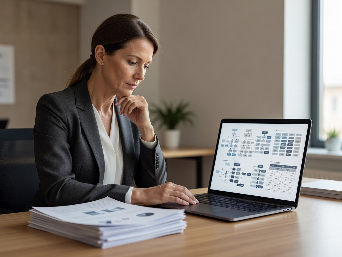 Consultant reviewing data governance documentation on a laptop